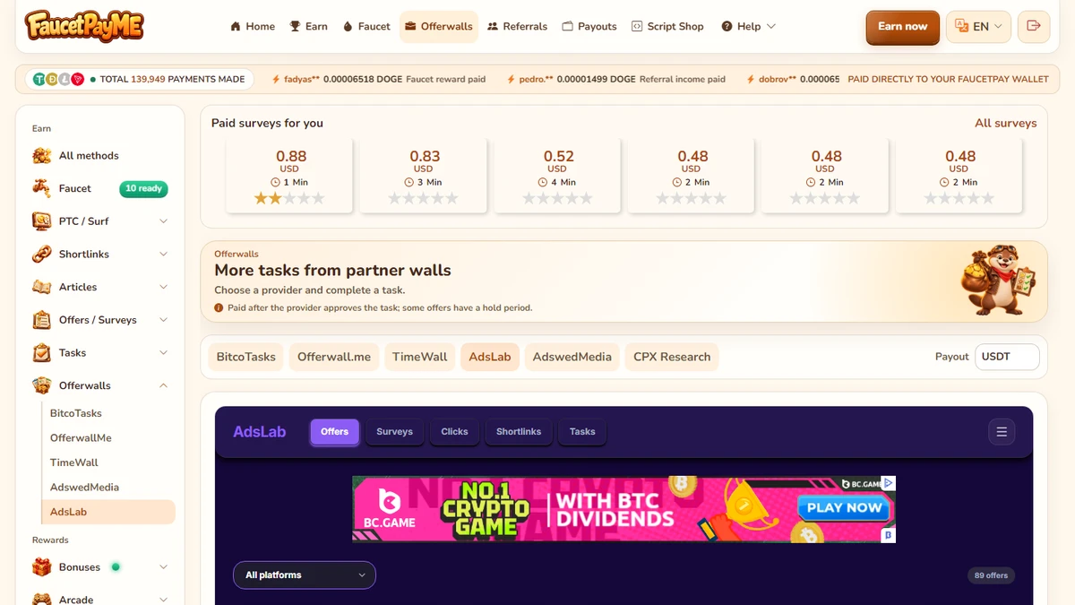AdsLab — FaucetPayME Offerwall Add-on