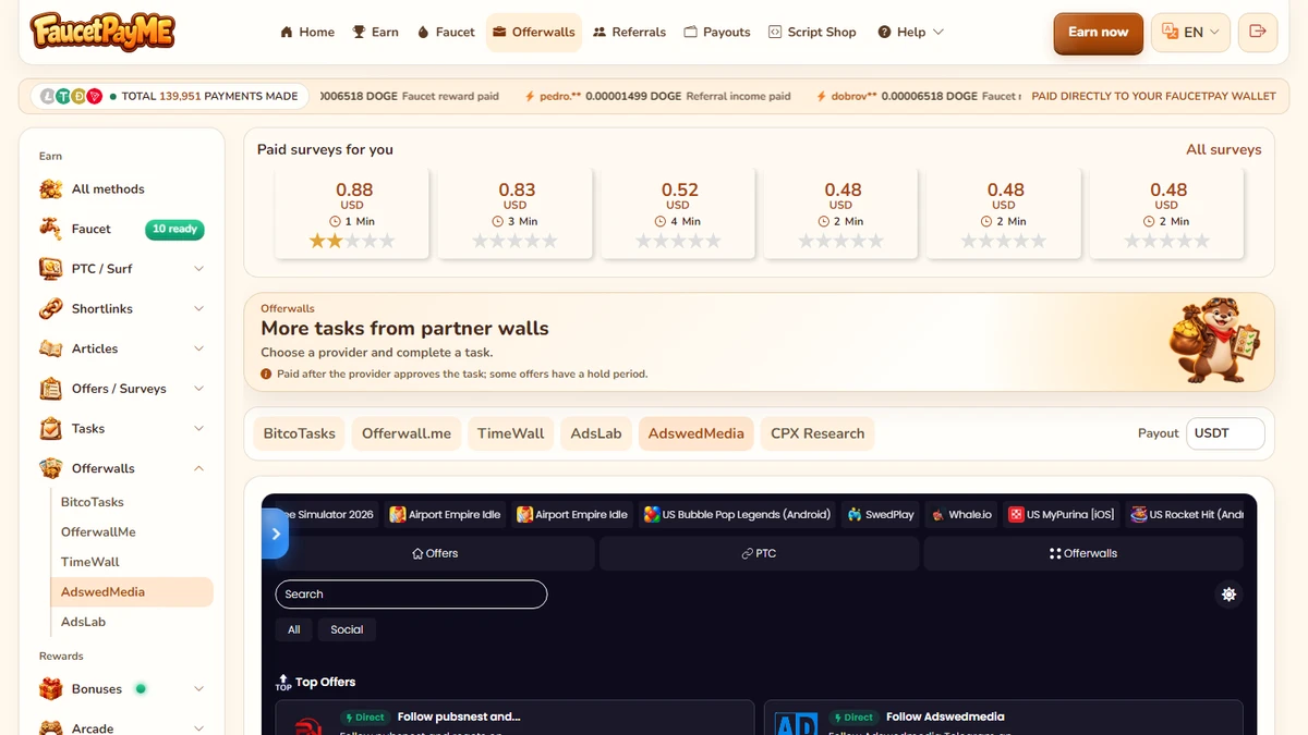 AdswedMedia — FaucetPayME Offerwall Add-on