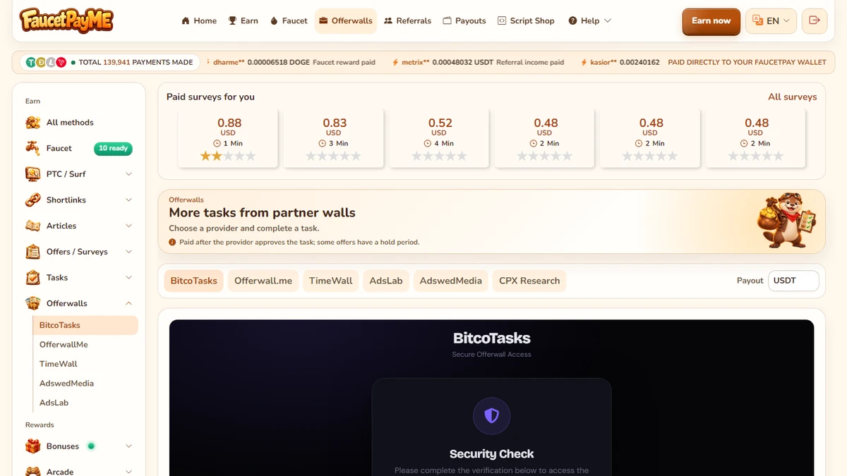 BitcoTasks — FaucetPayME Offerwall Add-on