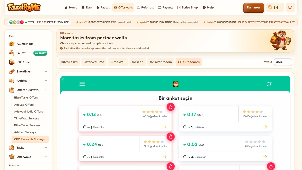 CPX Research — FaucetPayME Offerwall Add-on
