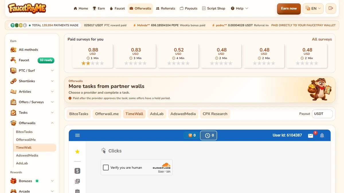 TimeWall — FaucetPayME Offerwall Add-on