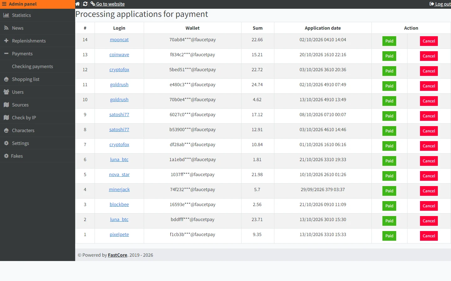 Admin payouts