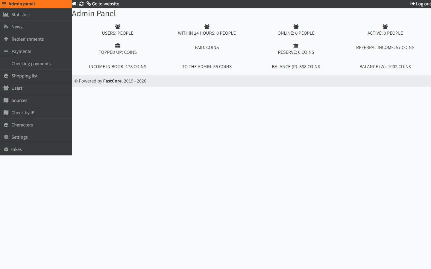 Admin dashboard